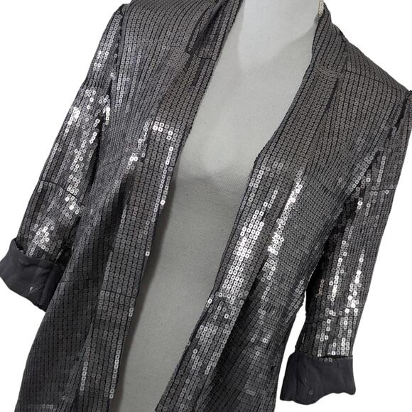 CHARLOTTE RUSSE! SILVER SQUARE SEQUIN ON GRAY SHEER, CHIFFON JACKET! SZ S - Picture 1 of 9